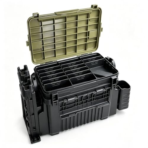 Angelkoffer Groß mit Sitz & Rutenhalter, 2-Etagen Angelbox Wasserdicht | Tragbarer Angelkasten für Zubehör & Köder, Robuste Tackle Box für Angler 47x34x19cm,Wasserdicht, Schlagfest,Leicht,Meerange