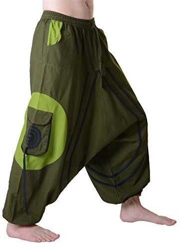 Kunst und Magie Herren Hippie Haremshose mit Goa Spiral Muster, Größe:L/XL, Farbe:Army Green/Schwarz