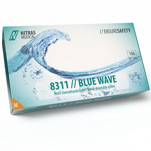 Nitras 8311 BLUE WAVE unsterile, medizinische, lebensmittelgeeignete Nitril-Einmalhandschuhe Farbe blau, puderfrei & latexfrei 100 Stück im Spenderkarton Größe M