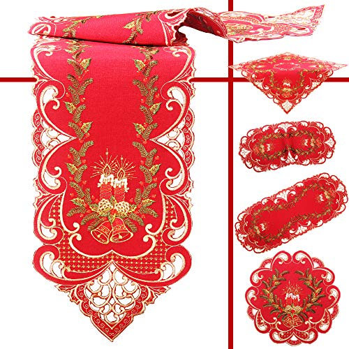 Quinnyshop Weihnachten Kerze Glocke Tanne Stickerei Tischdecke Tischläufer ca. 45 x 110 cm Oval Leinen-Optik, Rot