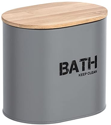 WENKO Badbox Gara, Aufbewahrungsdose aus Stahl mit Bambus-Deckel, trendiger Aufdruck, ideal für Bad und Gäste-WC, 14,5 x 13,5 x 10,5 cm, Grau