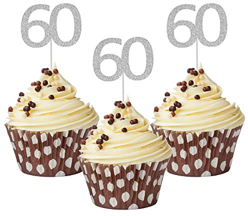Sumerk 24PCS 60 Cupcake toppers Silver Glitter 60th Birthday Cupcake Picks Anniversary Party Decorations