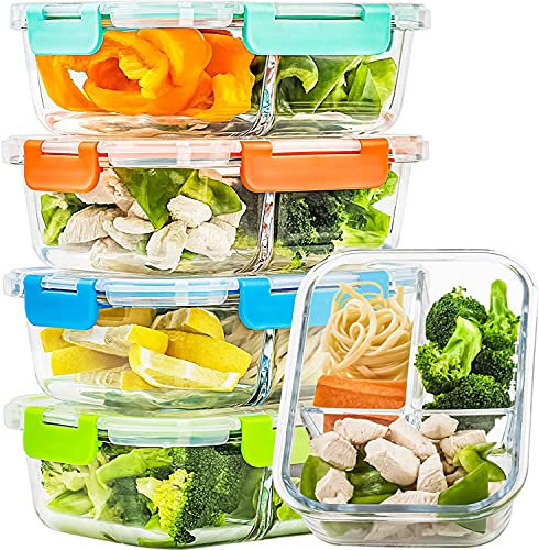 C CREST Meal Prep Boxen mit 3 Fächern, Glas Frischhaltedosen mit Deckel, Lebensmittelbehälter, Geeignet für Mikrowelle, Gefrierschrank und Spülmaschine