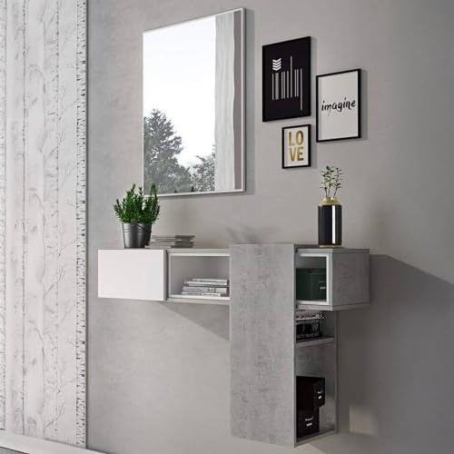 Dmora - Entrance Furniture Calella, Suspended entrance, Wall cabinet with mirror, Entrance pocket emptier with drawer and mirror, 100x27h75 cm, Cement and White