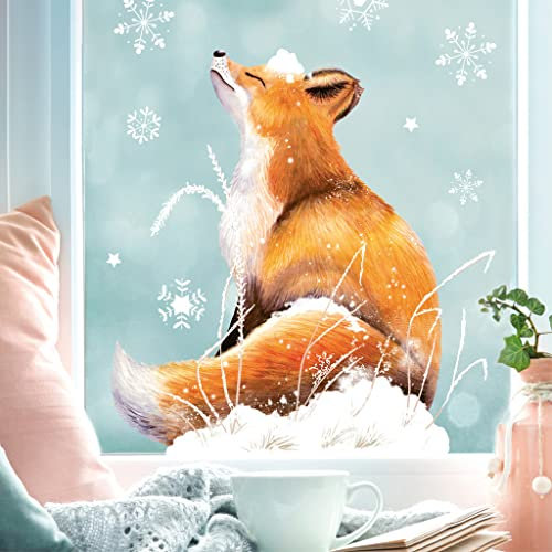 Wandtattoo Loft Fensterbilder Weihnachten mit Fuchs im Schnee Motiv – Wiederverwendbar – A4 Bogen, 29 Sticker – Weihnachstdeko Fenster Kinderzimmer, Weihnachtsbilder Fenster, Fensterbild Winter