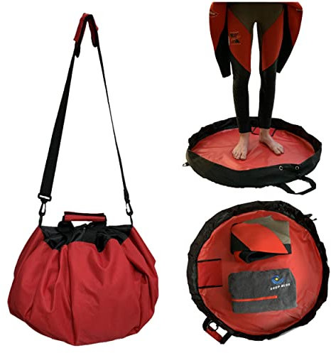 FIT 4 ME Deep Blue Wetsuit Changing mat Bag RED Secure wrap Handles, Padded Shoulder Strap, Drawstring, Pocket, Durable Waterproof. Ideal for Water Sports Surfing Wild Swimming SUP Kayaking Triathlon