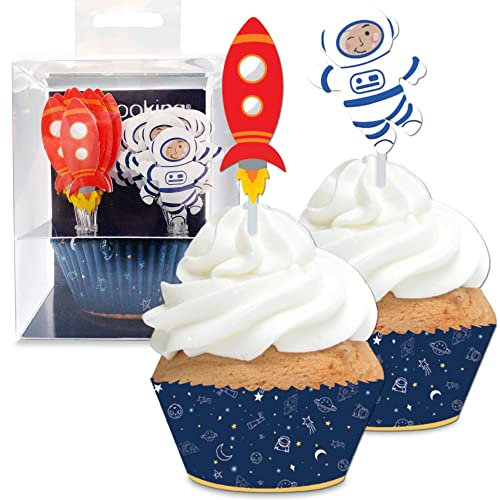 Scrapcooking – Set mit 24 Förmchen & Toppers für Cupcakes – Thema Weltraum – Dekoration für Gebäck, Desserts, Kuchen, Kekse, Geburtstage – Cake Design – 5070 Blau
