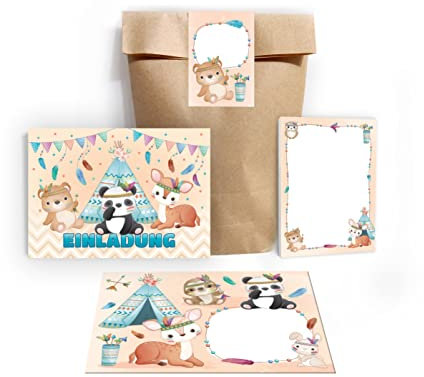 Junapack 12 Einladungskarten zum Kindergeburtstag Mädchen Jungen Tiere Indianer Panda Bär REH incl. 12 Umschläge, 12 Tüten/Natur, 12 Aufkleber, 12 Blöcke