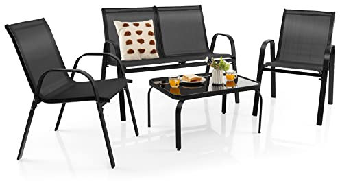 COSTWAY Set Tavolo e Poltrona da Giardino, Set di Mobili 4 Pezzi per Esterno, con Tavolino in Vetro Temperato, Panca e 2 Poltrone, per Giardino Balcone Piscina