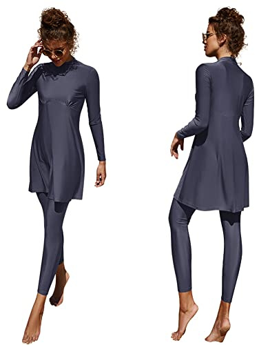 Femmes Maillots de Bain Musulmans Islamique Modest Couverture Complète Burkini Manches Longues Haut Pantalon Natation été Tenue de Plage Maillots Rashguards 2 Pièce Gris + Bleu M