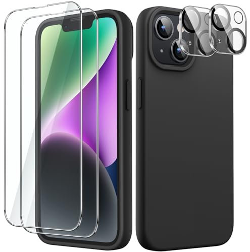 JETech 5 en 1 Coque Silicone pour iPhone 14 Plus 6,7 Pouces, avec 2 Protection D'écran et Caméra Arrière Protecteur, Film en Verre Trempé à Couverture Complète, Housse Étui Antichoc (Noir)