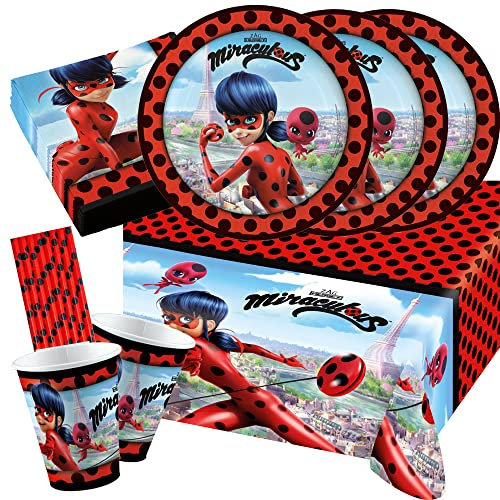 amscan/spielum 45-teiliges Party-Set - Miraculous Ladybug Teller Becher Servietten Tischdecke + Trinkhalme für 8 Kinder