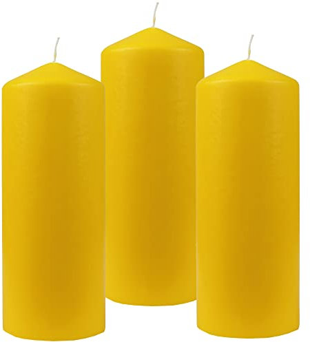 HS Candle Stumpenkerzen Wachskerzen Ø8cm x 20cm (3er Pack) Gelb - Lange Brenndauer, Hergestellt in EU, Kerzen Blockkerzen - Wachs Stumpen