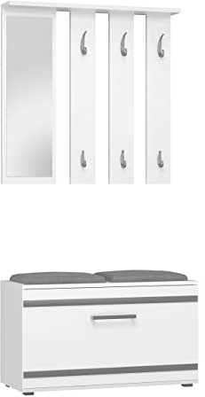 CDF Garderobe Opal | Farbe: Weiß | Großer Spiegel | Kleiderbügel | Geräumiger Schuhschrank | Ideal für Diele, Flur | Praktische Ablagen | Modernes Design