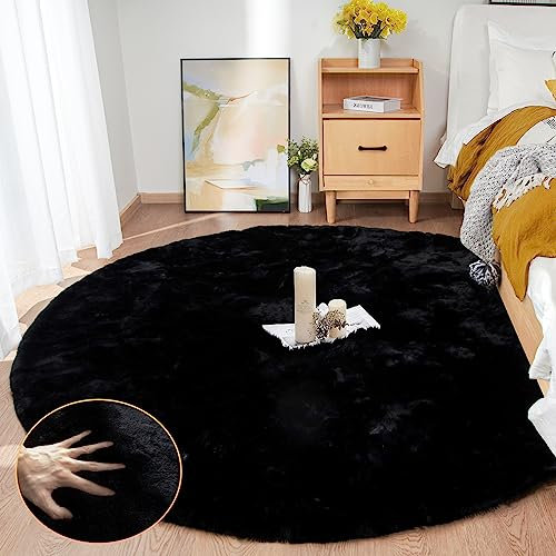 ORINOVA Teppich Rund Flauschig Waschbar Fellteppich 180 cm Schwarz Kunstfell Teppich Schlafzimmer Wohnzimmer Kinderzimmer Kuschelig Groß