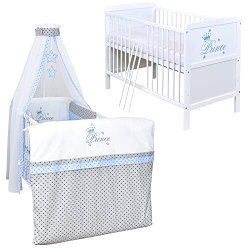 Baby Delux Babybett Komplett Set Kinderbett umbaubar zum Juniorbett weiß 140x70 Prince Bettwäsche mehrteilig (Prince Grey Stars)