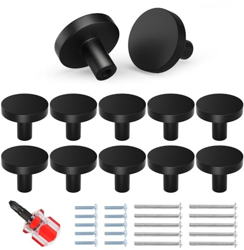 Chuner 10 Pcs Pomos y Tiradores Negros, Pomo de Cajón de Metal Mate, Tiradores Cocina Redondas Modernas, Tiradores Armarios Tiradores Cajones Vintage con Tornillos & Destornillador