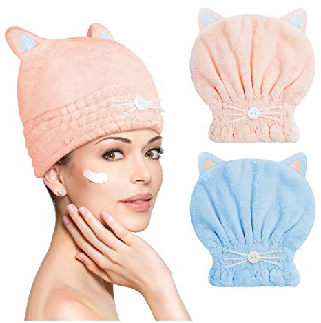 ACWOO Haarturban Handtuch, 2 Stück Mikrofaser Turban Haartrockentuch Haarturban, Kopftuch Handtuch für Lange Haar, Schnelltrocknend Haarhandtücher (Rosa+Blau)