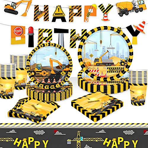 94 PCS Bagger Partygeschirr Kindergeburtstag, Baustelle Party Geschirr Set, Baustelle Pappteller Kindergeburtstag, Partyset mit Teller, Becher, Servietten, Tischdecke für 24 Gäste