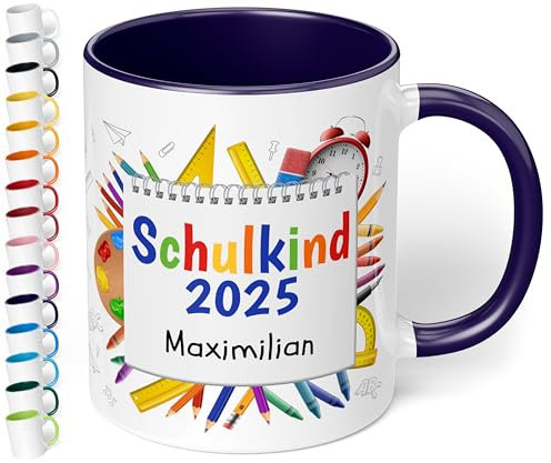 True Statements personalisierte Tasse Schulkind 2025, in Kobaltblau, Geschenk zur Einschulung für Mädchen und Jungen, 330 ml Keramiktasse mit Notizblock, Einschulungsgeschenk 1. Klasse