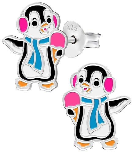 Ohrringe, Ohrstecker kleiner bunter tanzender Pinguin. LOVE YOUR CITY Schmuck Geschenke für Mädchen, Kinder. Kinderschmuck aus 925 Sterling Silber mit Emaille.