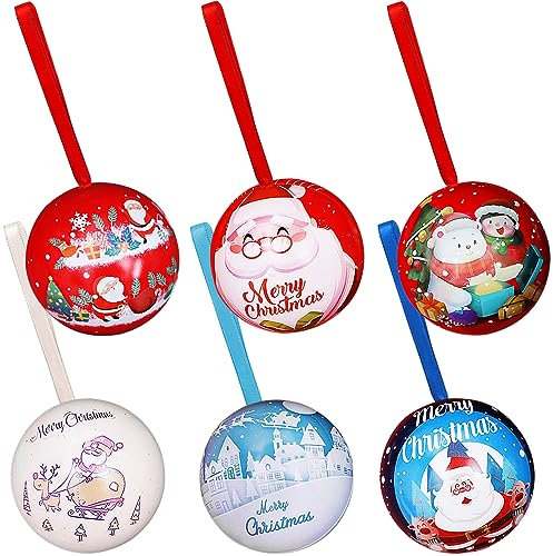 SUNSK Weihnachtskugel Bonbondose Christbaumkugeln Weihnachtskugeln Schneemann Weihnachtsmann Rentier Schloss Muster Weihnachten Metalldose Sphärische für Christbaumschmuck Anhänger 6 Stück