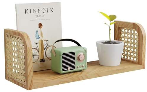 YEMNMFH Rattan-Wandregal, hängende Bücherregale für die Wand, dekorative Regale für natürliche Kinderzimmer-Dekoration, Bilder-Ledge-Regale, Wandpost-Organizer, schwebendes Rattan-Regal für Büro,