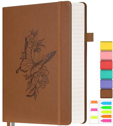 Lined Notebook Journal for Women, 312 Numbered Pages A5 Thick Leather Journal, 100gsm Paper Daily Journal for Work Travel, Hardcover College Ruled Notebook, Giftable Butterfly Floral Notebook, Brown