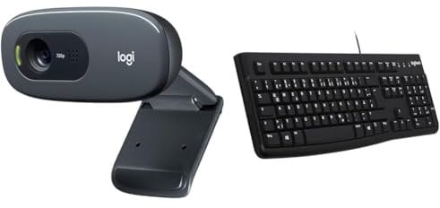 Logitech C270 HD Webcam, HD 720p/30fps, Widescreen HD Video Calling, HD Light Correction & K120 Wired Keyboard for Windows, QWERTZ German Layout - Black