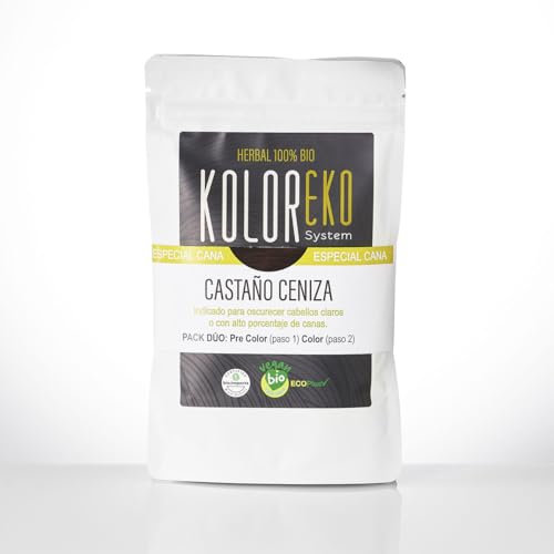 KOLOREKO Tinte natural CASTAÑO CENIZA - Pack DÚO especial canas - precolor CENIZA + tinte CASTAÑO
