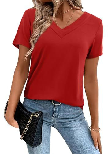 Amoretu Bluse Damen Sommer V-Ausschnitt Plissee Longshirt Lose Tshirt Rot M