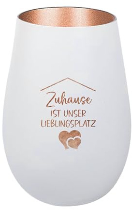 Der-Porzellan-Laden Windlicht mit Gravur Zuhause ist unser Lieblingsplatz, Weiß Bronze, Teelichthalter aus Glas mit Spruch, Tischdeko modern