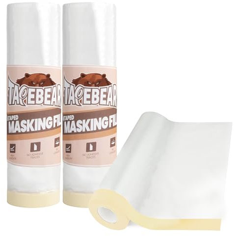 TAPEBEAR Masker Avec Ruban De Masquage, 2600mm x 27M Transparente Film Peinture, Ruban Adhésif De Masquage Avec Bâche De Protection En Plastique Pour Protection Sol Meubles, Lot De 3