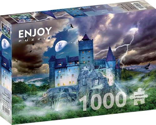 1000 Pieces Jigsaw Puzzle for Adults – Matte Finish, Soft Touch, Sturdy and Unique Pieces, Tight Fit, Vivid Colors, Missing Pieces Service – Scary Castle of Dracula at Night Landscape by ENJOY Puzzle