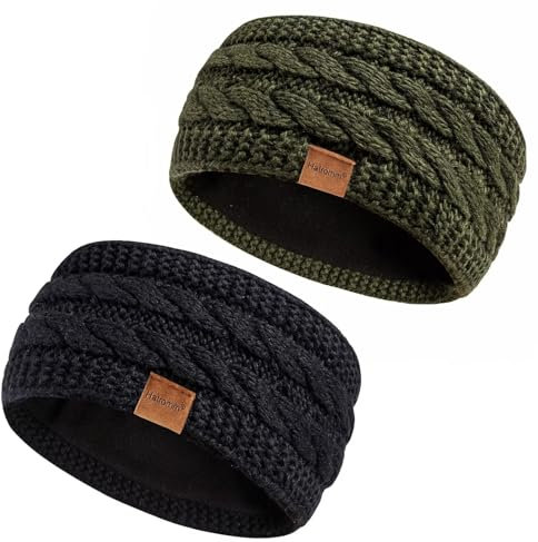 Hatromm Winter Headbands for Women Wool 2 Pack, Ear Warmers for Women Knitted Thick Fleece Lined, Headbands for Women's Hair Cold Weather Warm Ear Muffs(Black+Army)