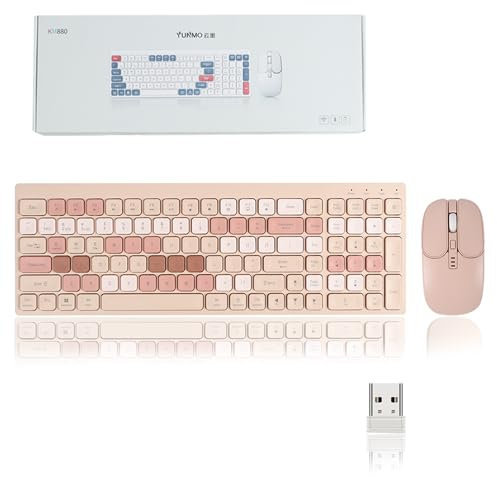 Wireless Keyboard and Mouse Set,2.4G+Bluetooth Dual-Mode Cordless Aesthetic Colorful Full-size Office Keyboard(QWERTY) and Cute Optical Mouse, for PC Laptop Tablet (Milk Tea)