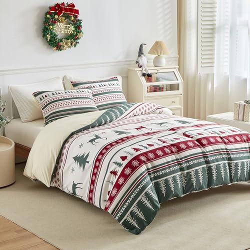 Tokokimo Weihnachts Bettwäsche 200x200 - Zartes und lustiges Cartoon Design von Weihnachtsbaum und Elch - 3teilig Bettwäsche Set mit Kopfkissenbezug mit Reißverschluss 80x80cm*2, Grün