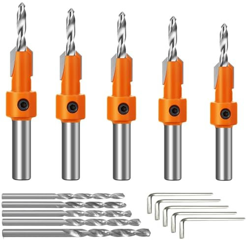 Set di punte per svasatore, 5 punte da trapano regolabili da 2,8-4 mm con chiave esagonale per punte da trapano per svasatore regolabili da 8 mm, per legno, svasatori in lega di alluminio, apertura