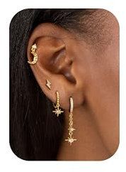 FIOROYAL 3/4 Paar Piercing Ohr Gold,14K Gold Gefüllte Ohrringe Set für Mehrere Ohrlöcher, Blume Mond Cubic Zirkon Creolen Ohrringe für Damen,Helix Piercings Medizinische Ohrstecker Gold Silber GD
