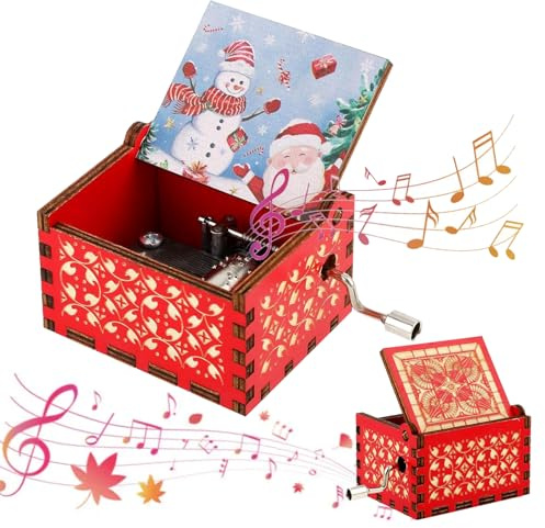 YUEXNKO Weihnachtliche Hölzerne Spieluhr, Weihnachten Handkurbel Spieluhren, Gravierte Spieluhren Weihnachten, Hölzerne Spieluhr Kinder, für Neujahr Weihnachten(B)