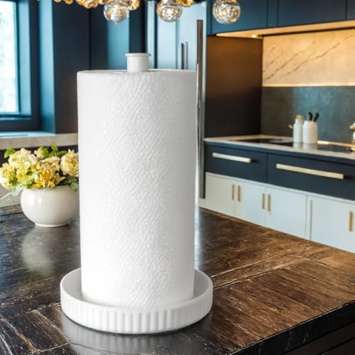 Porte-Rouleau d'essuie-Tout Debout – Base en céramique, Facile d'entretien – 18 cm de diamètre x 32 cm de Hauteur, Stable et Parfait pour Tout décor de Cuisine, Vacances et Occasions – Blanc Chic