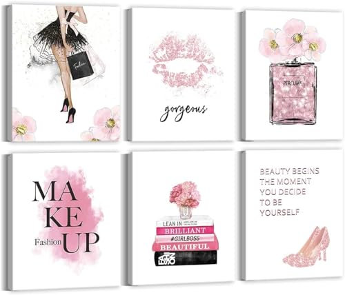 ANHUIB Gerahmte Rosa Make Up Raum Leinwand Kunst Rosa High Heels Blumen Parfüm Wandkunst Modische Frau Bild Wanddekoration 8x10inch Moderne Kunstwerke Flower Wall Decals