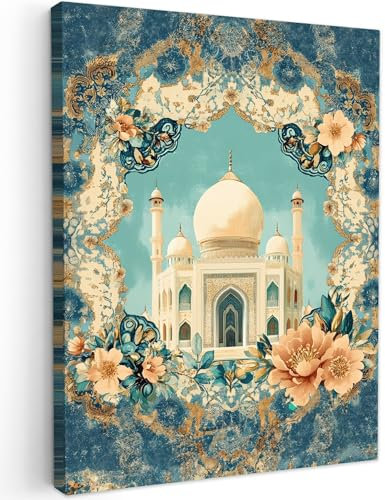 MuchoWow© Leinwand Bilder 30x40 cm Wanddeko Wohnzimmer Islamische Room Decor Deko Zimmer Islam Wandbilder Modern Bild auf Leinwand Wandbilder Taj Mahal - Ramadan - Blumen