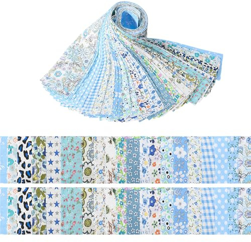 40 Stück Baumwollstoff Patchwork, Stoffe Baumwolle tuch DIY Baumwolltuch Blumenmuster, DIY Stoffstreifen Kreativstoff Rollen für Nähen DIY Handwerk (Blau)