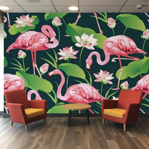 Pink Flamingo Wall Wallpaper Mural, Tropical Animal Lotus Green Leaf Patterned Non-Woven Wallpaper Mural, for Livingroom, Wall 150cmx105cm Art Print Murals