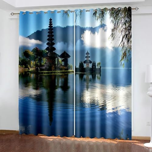 Bishilin Verdunklungsvorhänge Ösen 2er Set 102x214CM, Gardinen Verdunkelnd Orientalisch See und Turm Vorhänge Blickdicht Schlafzimmer Wohnzimmer