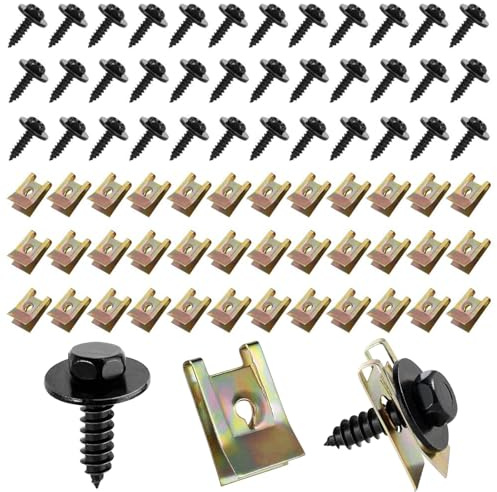 100 Stück Blechmutter Schraube Mutter Clip Kit, 50 Kfz Karosserieschrauben 50 U-Type Auto Befestigung Clips Kotflügelclip Blechschrauben Schnappmutter Set für Auto Motorrad