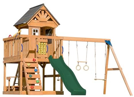 AXI Jack Playhouse in Wood with 2 Swings, Green Slide | Playground, Trapeze, Climbing wall | Outdoor Wooden Play Area