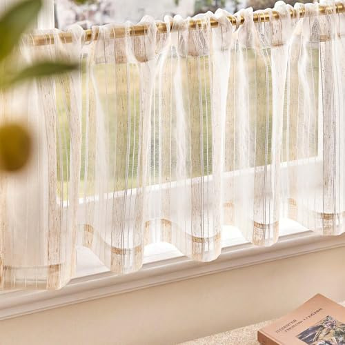 Vangao Voile Scheibengardinen Bistrogardine 1er Set 125B x 40H cm Beige | Streifen Bistro Gardinen Kurz 40 lang, Weiß mit Leinenfarben, Wohnzimmer Küche Fenster Wohnwagen, Modern Landhausstil Boho