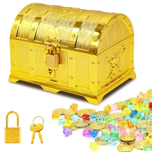 Spetsbst Schatztruhe Goldene mit Schloss Schlüssel, Schatzkiste Deko | Inkl.100 Edelsteine 50 Münzen für Piraten Mottoparty Events Kleine Schatzkiste für Schnitzeljagd Belohnung,Hochzeitsgeschenk